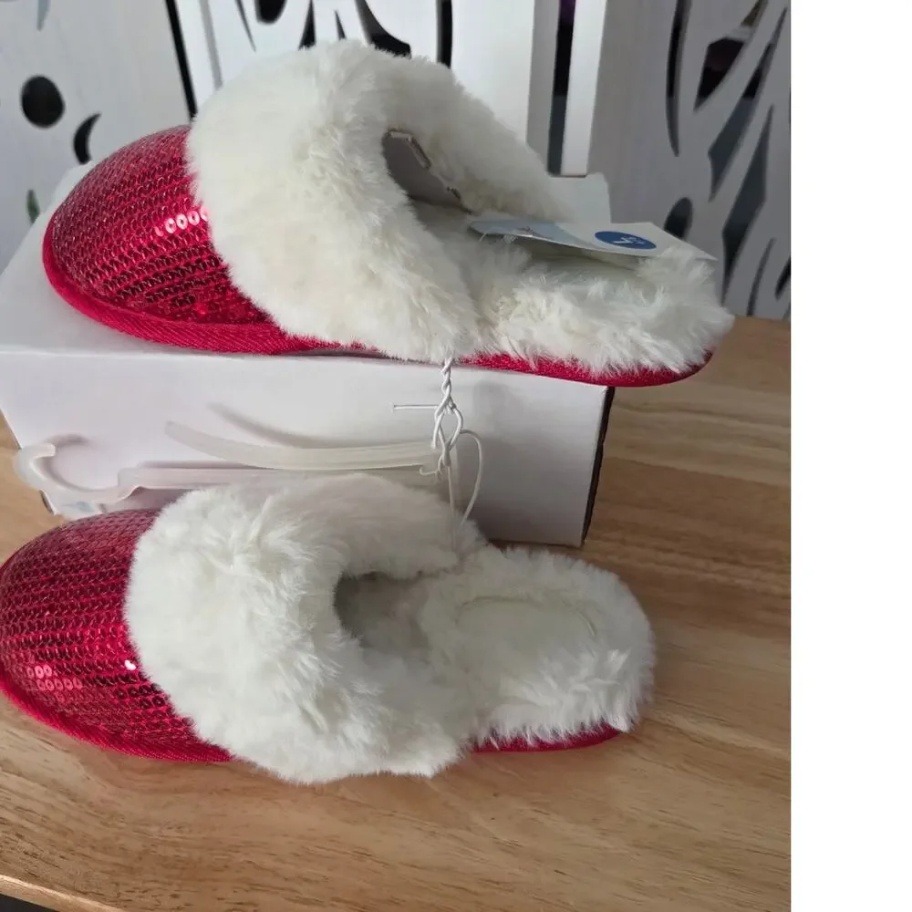 Cat & Jack Kids Red Sequin Faux Fur Christmas Slippers Size L 4/5 NWT Cozy soft
